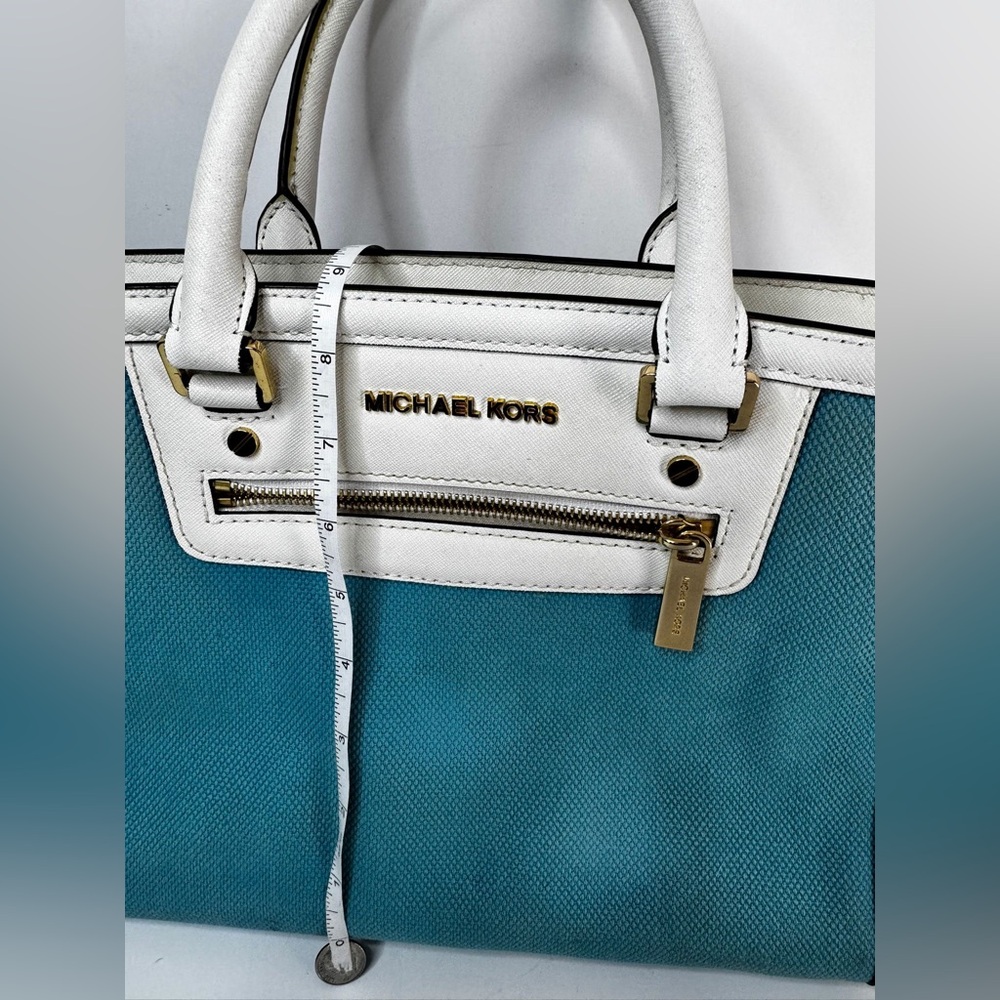 Michael Kors Selma Large Top Zip Summer Blue Canvas/Leather Satchel Bag - Picture 14 of 15